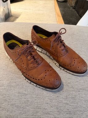 Cole Haan Brown Leather Wingtip Oxfords with White Trim Sole